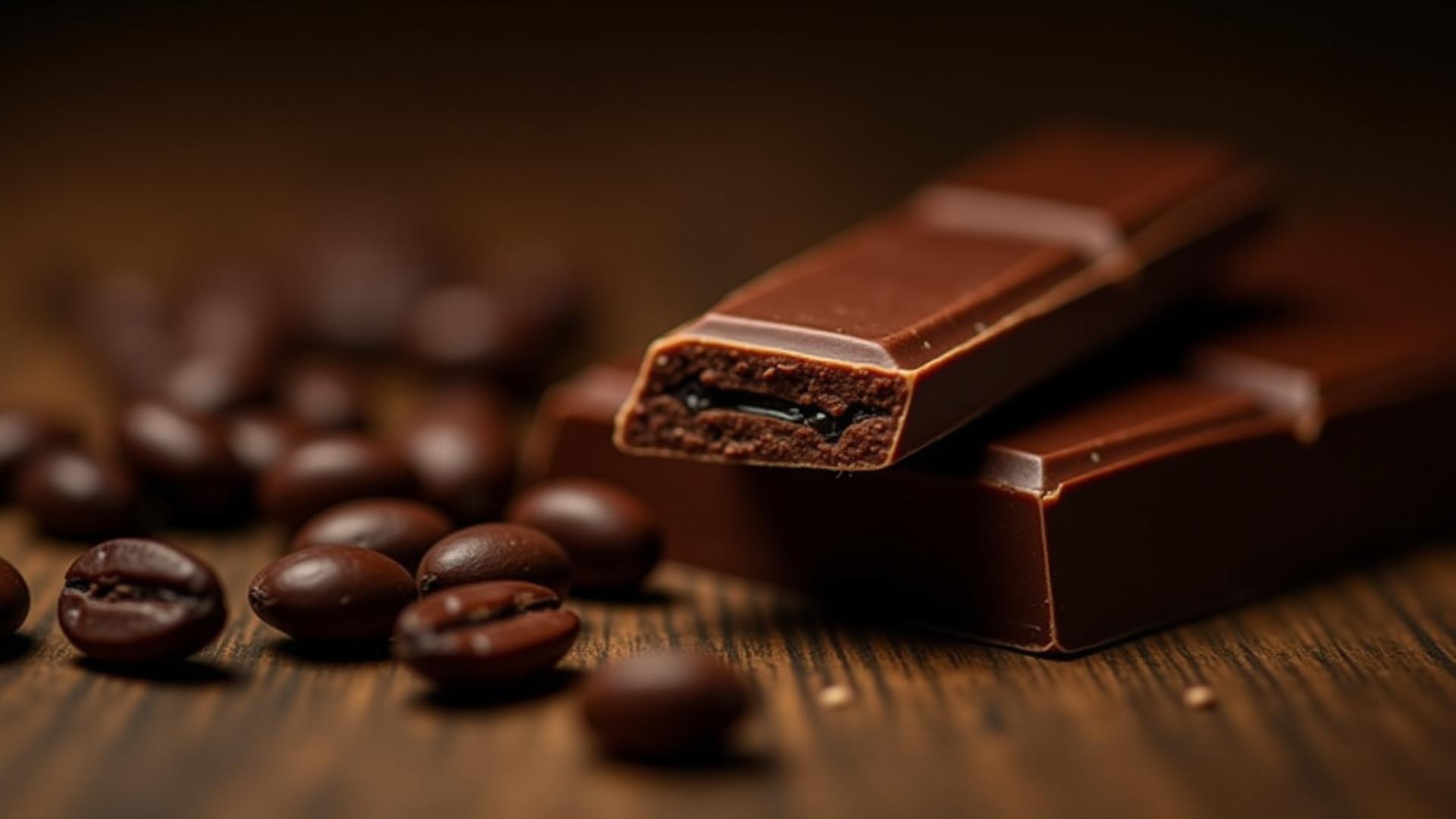 Macro shot of roasted cacao beans with a finished, broken dark chocolate bar showing its texture.