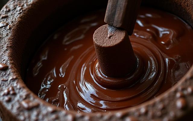 Close-up of stone grinder transforming cacao nibs into smooth chocolate liquor.