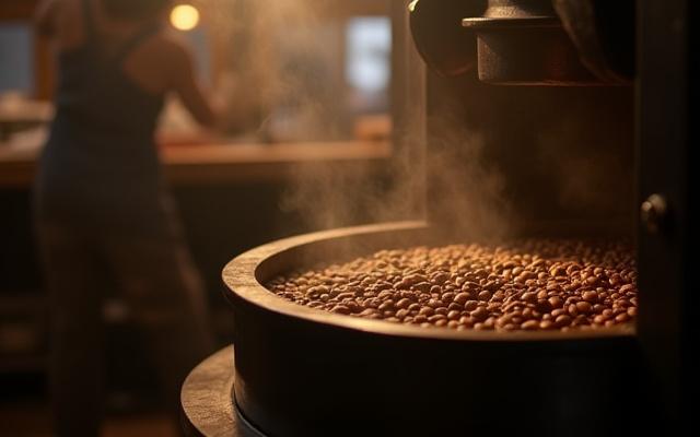 Artisan monitoring cacao beans roasting in a specialized drum roaster.