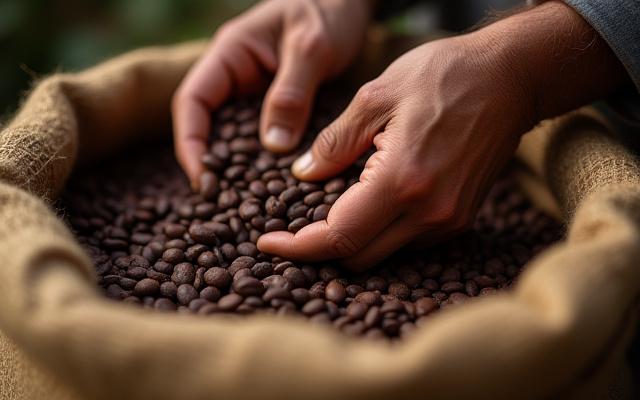 Hands carefully selecting cacao beans from a burlap sack.