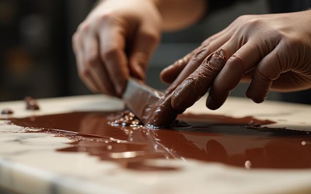 Artisan carefully tempering melted chocolate on a marble slab.