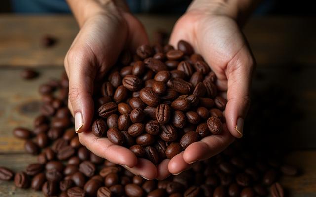 Hands sorting roasted cacao beans on a wooden table in an atelier