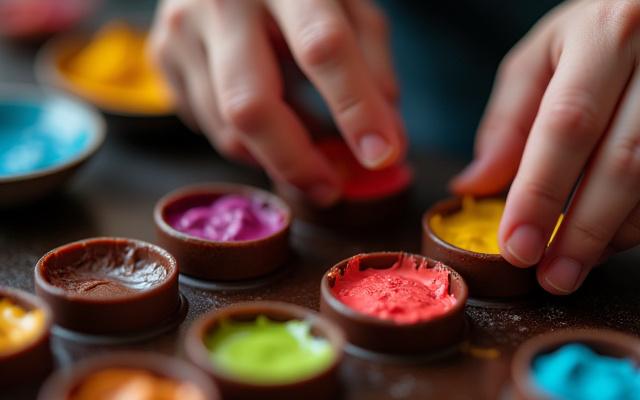 Artisan's hands delicately painting vibrant cocoa butter onto chocolate molds