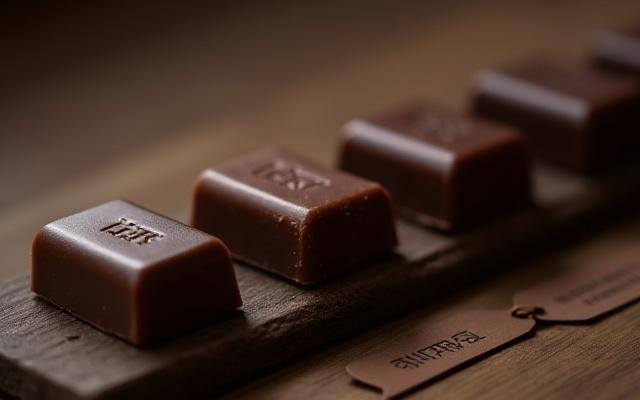 Close-up of various single-origin chocolate squares on a tasting board with notes