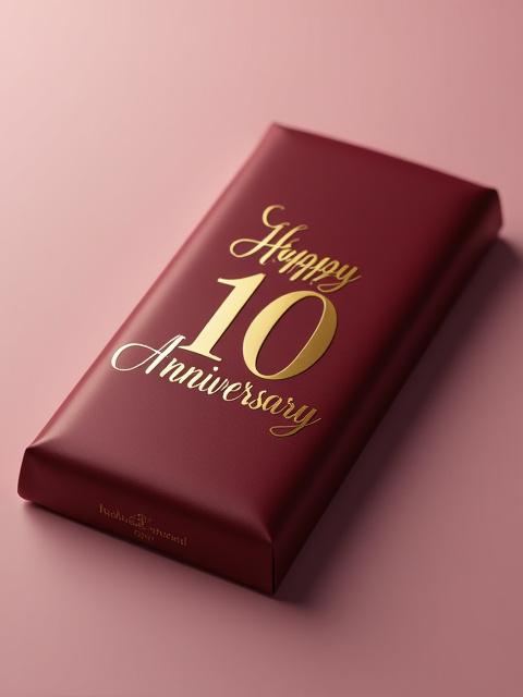 A finely wrapped chocolate bar featuring a custom 'Happy 10th Anniversary' message printed in gold on maroon paper.
