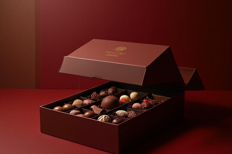Large, sophisticated dark brown gift box filled with assorted chocolates, featuring a debossed corporate logo on the lid.