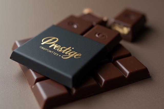 Custom chocolate bar with 'Prestige Properties' branding, dark chocolate with gold foil accents.