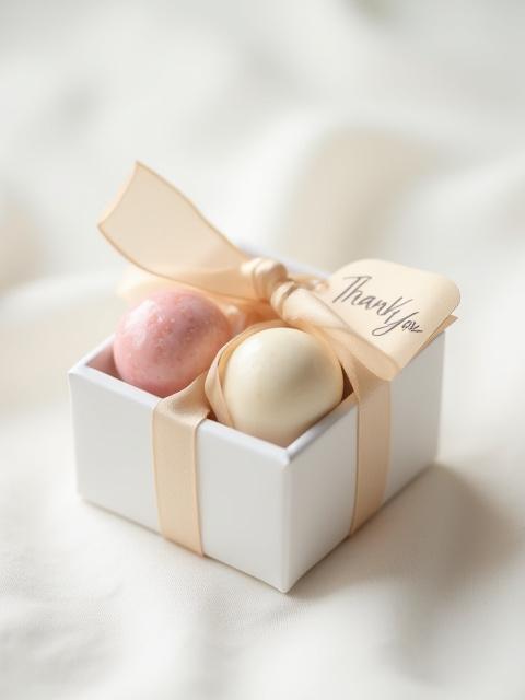 Two elegantly painted milk chocolate bonbons in a small white box, tied with a ribbon and a 'Thank You' tag.