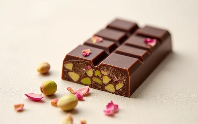 Pistachio & Rose chocolate bar with visible pistachios and rose petals