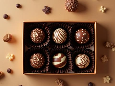 Open 6-piece Adventurous Palate bonbon box showcasing unique, experimental flavored chocolates with bold designs.