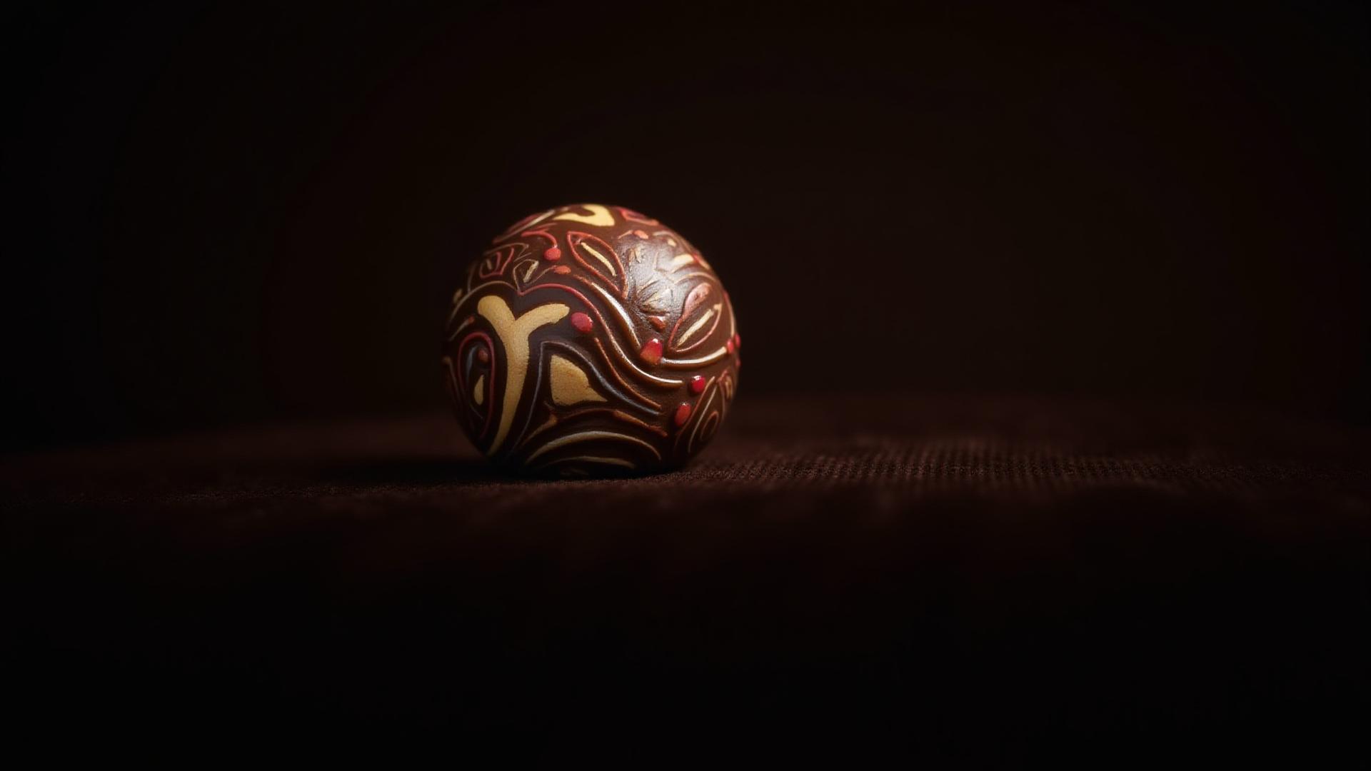 Detailed shot of a single bonbon with intricate, multi-colored cocoa butter design, resting on a dark velvet surface.