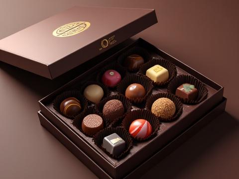 Elegant 12-piece Signature Collection bonbon box, open to reveal a variety of colorful, hand-painted chocolates.