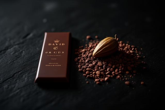 Clean, minimalist shot of DAVID C BOGGESS dark chocolate bar next to raw cacao nibs on a slate background.
