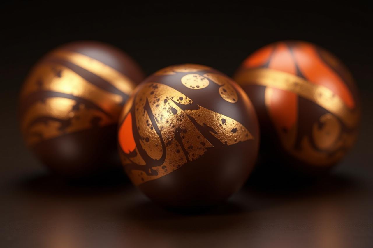 Close-up of three vibrantly hand-painted bonbons, each a unique color and design, gleaming under soft light.