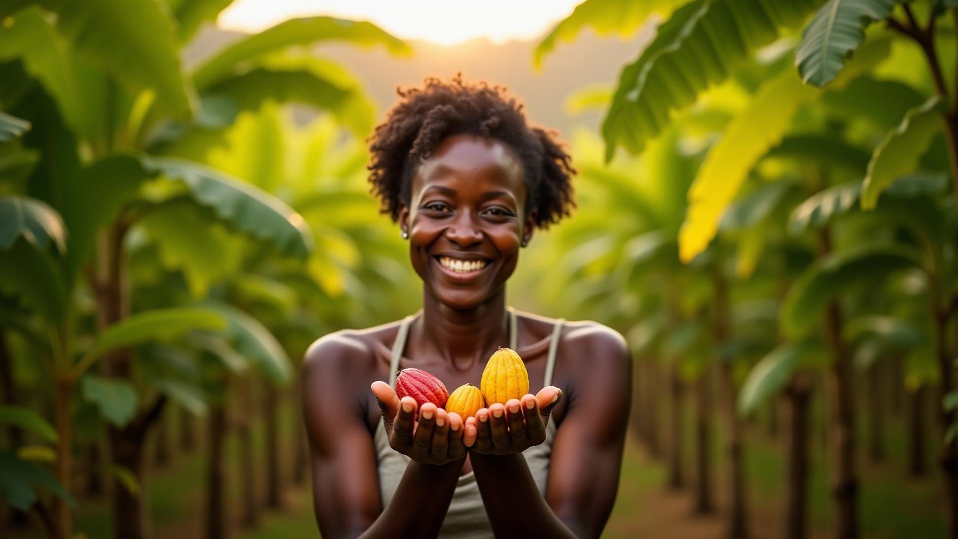 A proud cacao farmer standing in a lush cacao farm, holding a ripe cacao pod