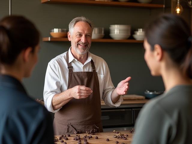 David C. Boggess, the chocolatier, explaining a step during a workshop to attentive participants