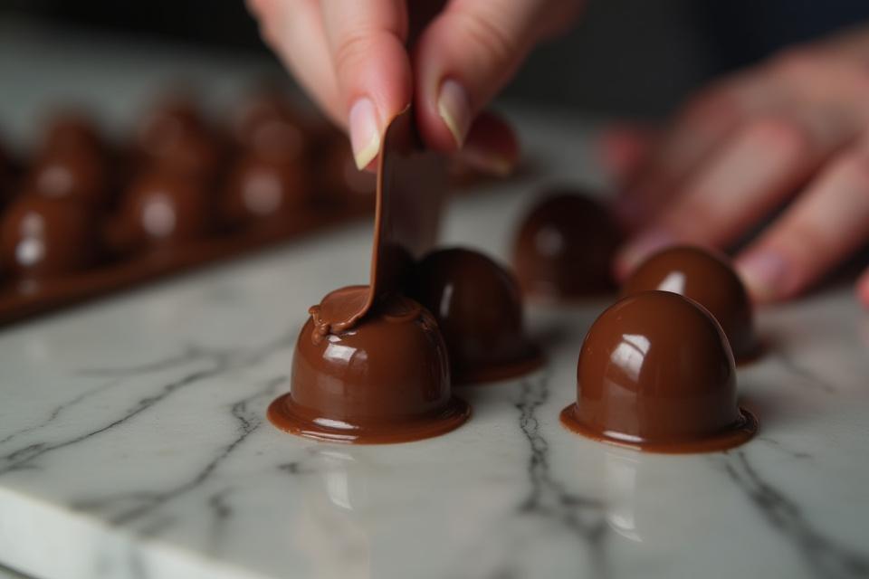 Hands meticulously working with melted chocolate, demonstrating craftsmanship