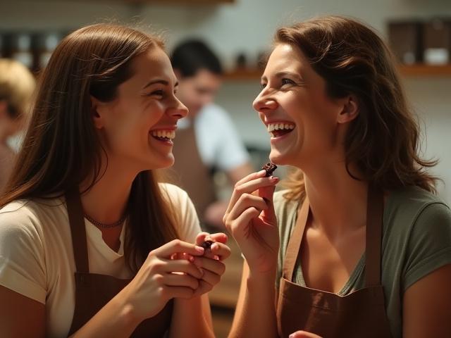 Two women laughing joyfully while tasting chocolate at a workshop