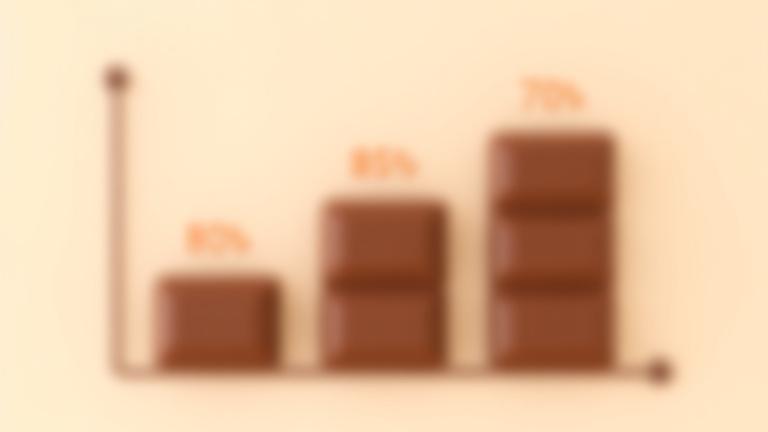 Animated bar graph visually showing the ratio of cacao to sugar in 70%, 85%, and 100% chocolate bars