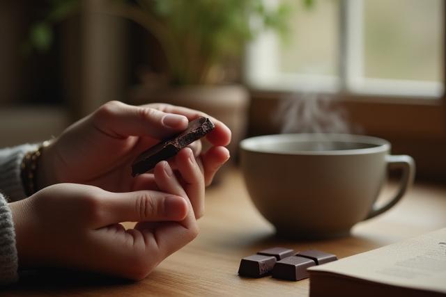 A person mindfully enjoying a piece of DAVID C BOGGESS dark chocolate with a steaming cup of tea or coffee in a calm, naturally lit setting.